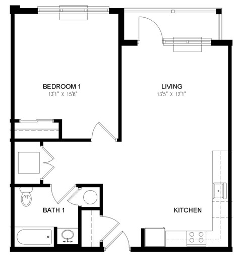 A black and white image of a floor plan for a small apartment
